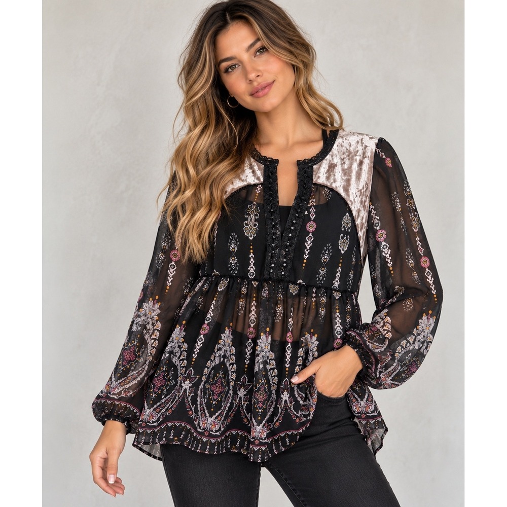 Knox Rose Boho Sheer Paisley Tunic Blouse Velvet Yoke Babydoll Top S